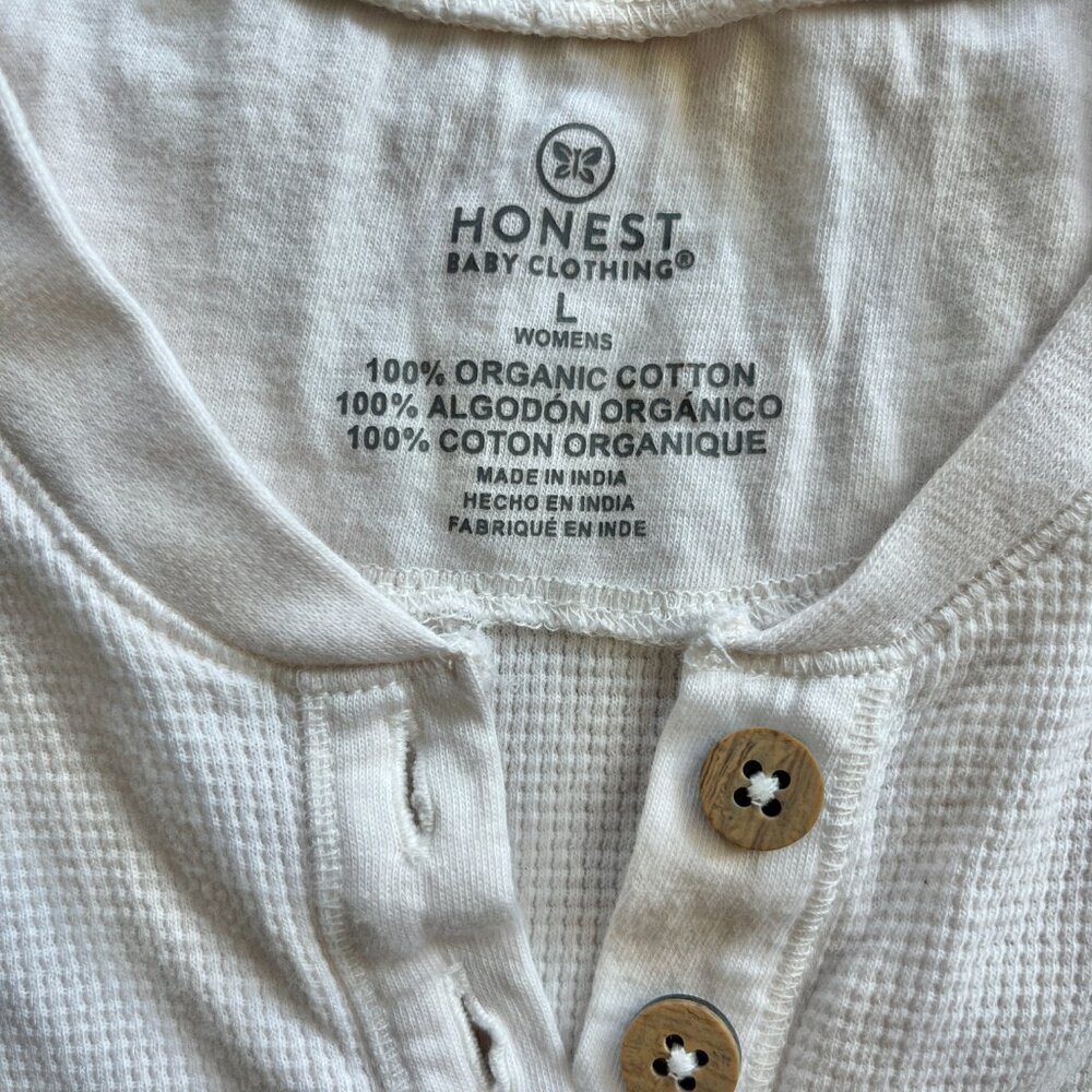 Organic Cotton Waffle Knit Henley Ivory Cream Size L Neutral Basic Minimalist - Picture 2 of 5
